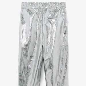 ZARA PANTS SILVER METALLIC JOGGERS HIGH WAIST